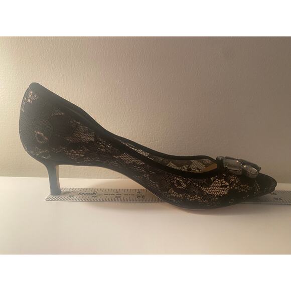 LK BENNETT HEELS 39.5 40 KITTEN BLACK LACE NUDE JULIET SUEDE JEWEL EMBELLISHMENT - Picture 15 of 16